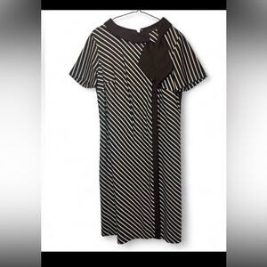 Vintage- Women Size 16.5 - Brown & White Stripe Dress with Built In Collar